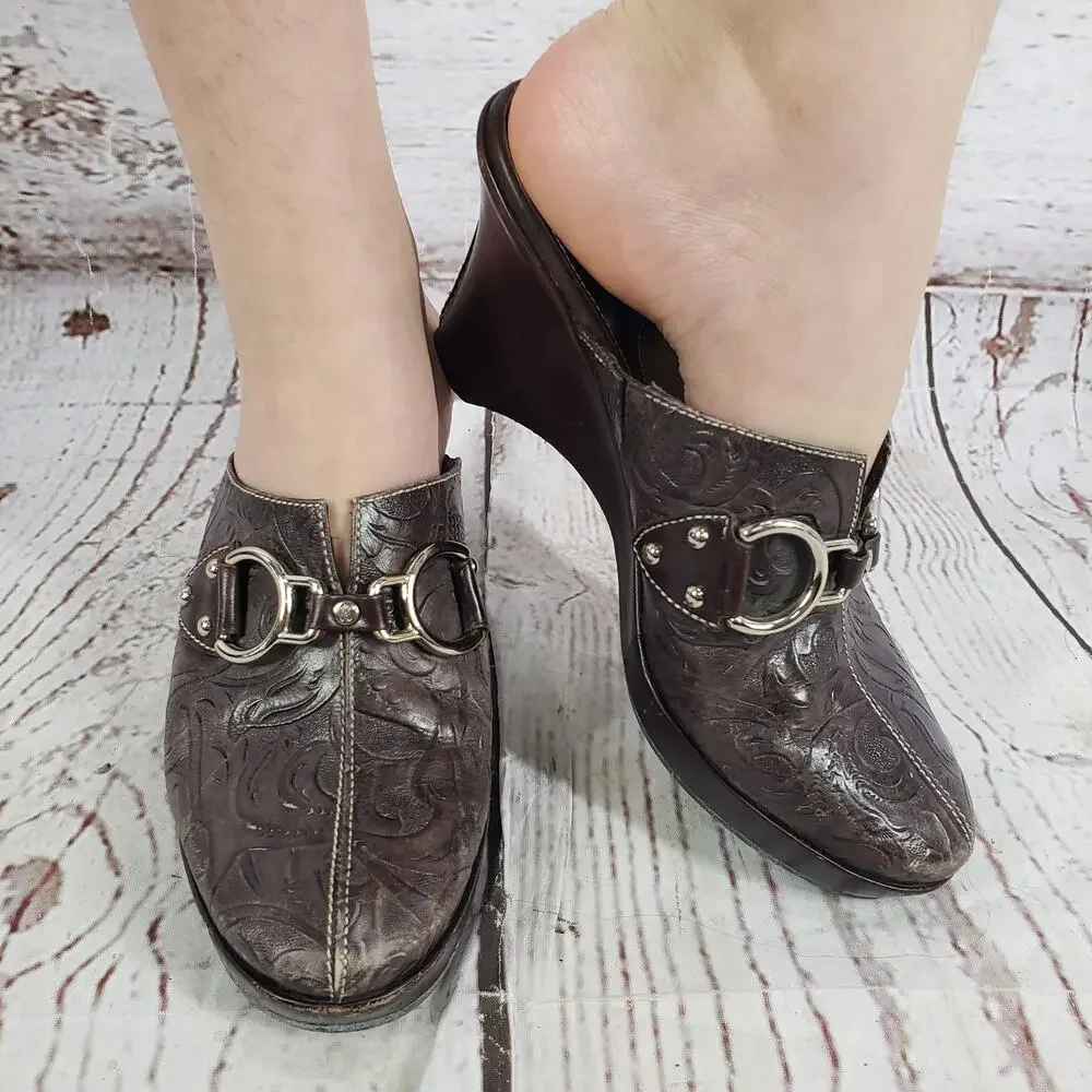 Cole Haan Women's Brown D18198 Leather Tooled Clog Mules Size 7B